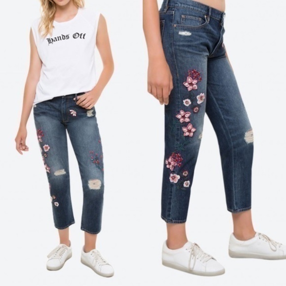 Juicy Couture Black Label Embellished Floral Cherry Blossom Boyfriend Jeans